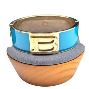 Vtg Signed Aqua Gold Tone 'B' Letter Initial Hinged Clamper Oval Bangle Bracelet